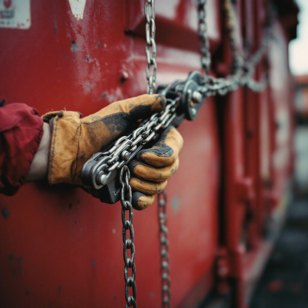 Redbird driver securing chains on a roll-off dumpster