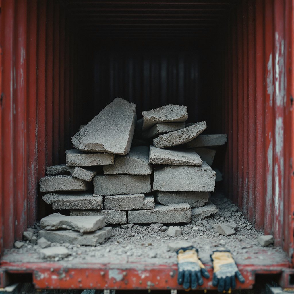 Broken concrete slabs stacked inside a Redbird heavy-debris dumpster