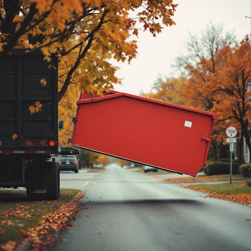 Redbird roll-off truck tilting a dumpster into place on a job site street